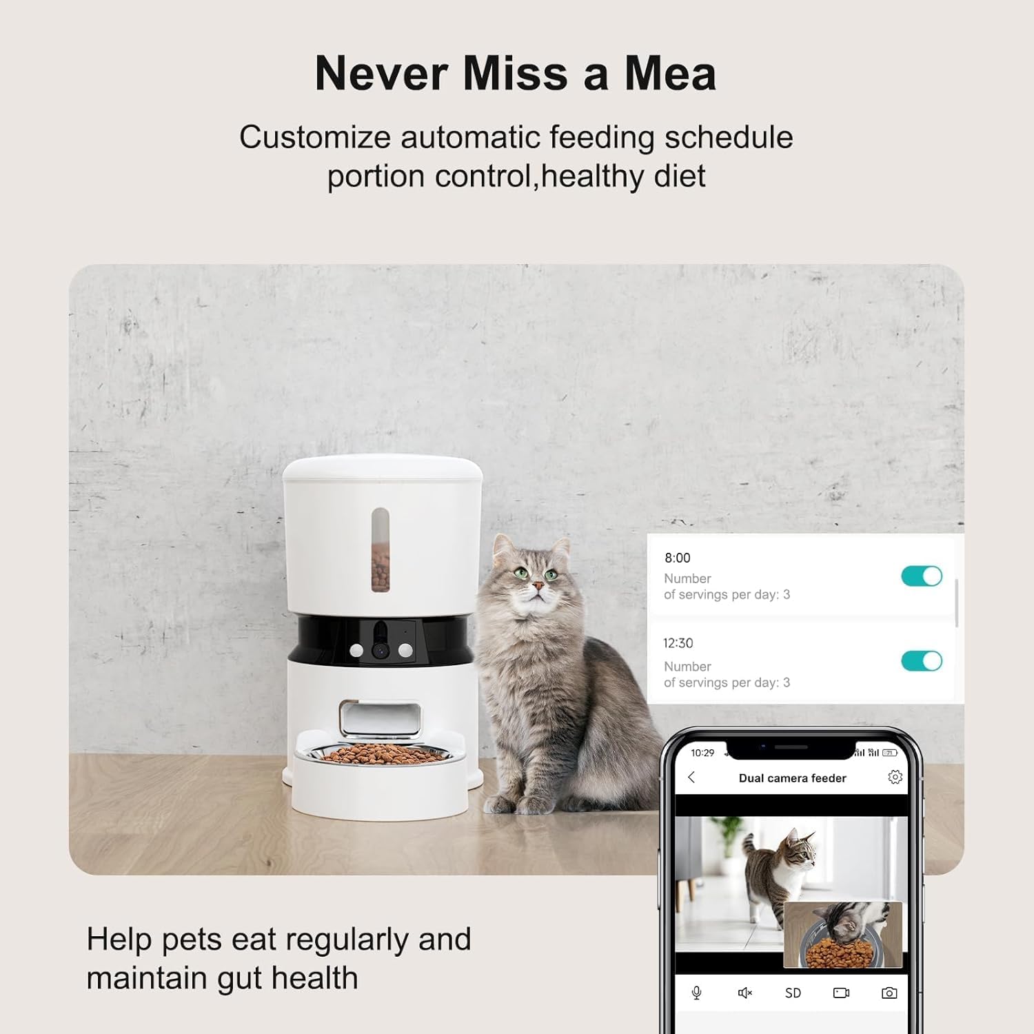 Distributeur automatique de croquettes pour chat et chien de 4 L avec minuterie, système de conservation de la fraîcheur et capteur de niveau bas. Jusqu'à 10 repas par jour, contrôlé par une application intelligente.