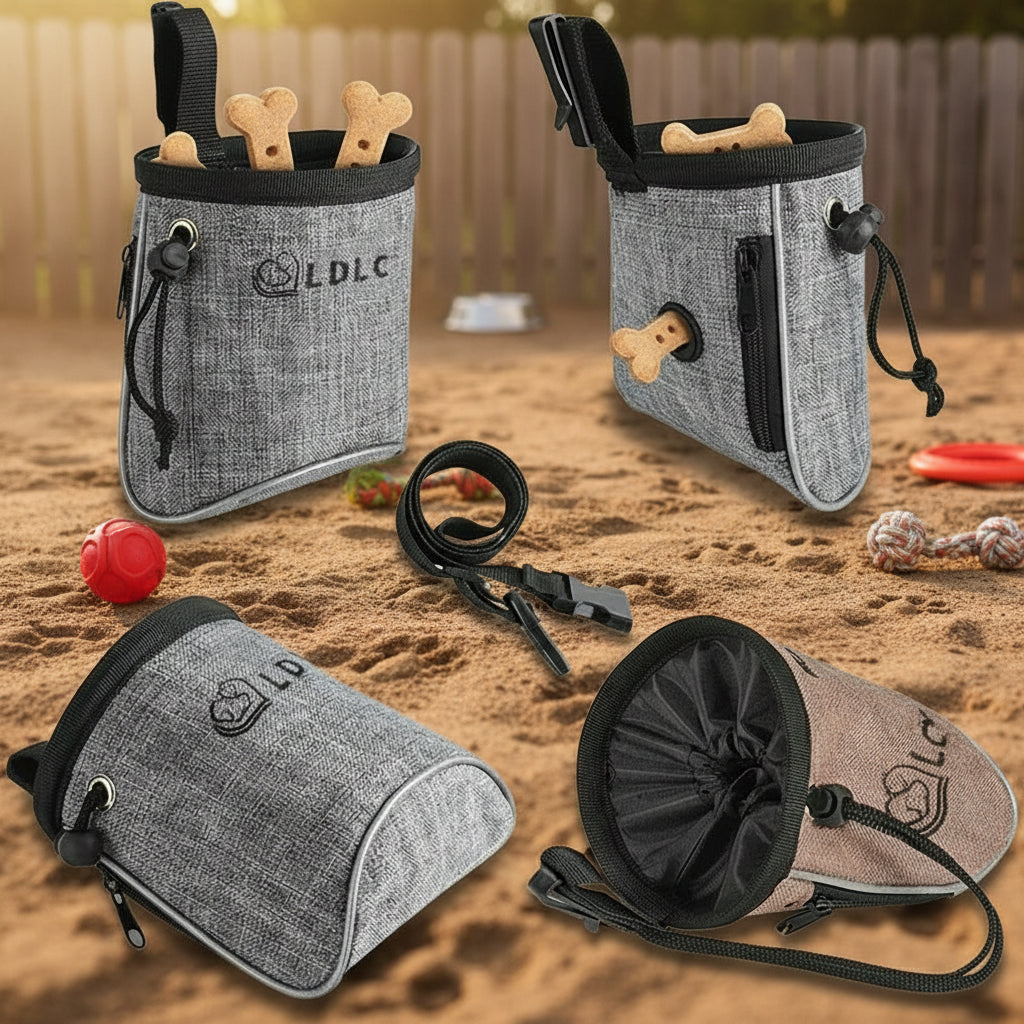 Pochette de dressage pour chien avec distributeur de sacs à déjections intégré.