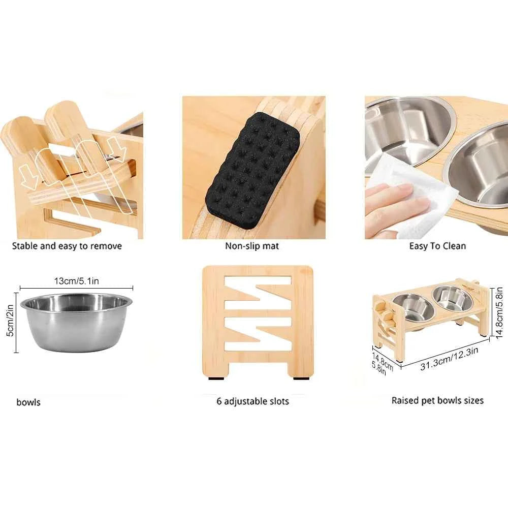 Support surélevé en bois réglable pour gamelles de petits chiens et chats