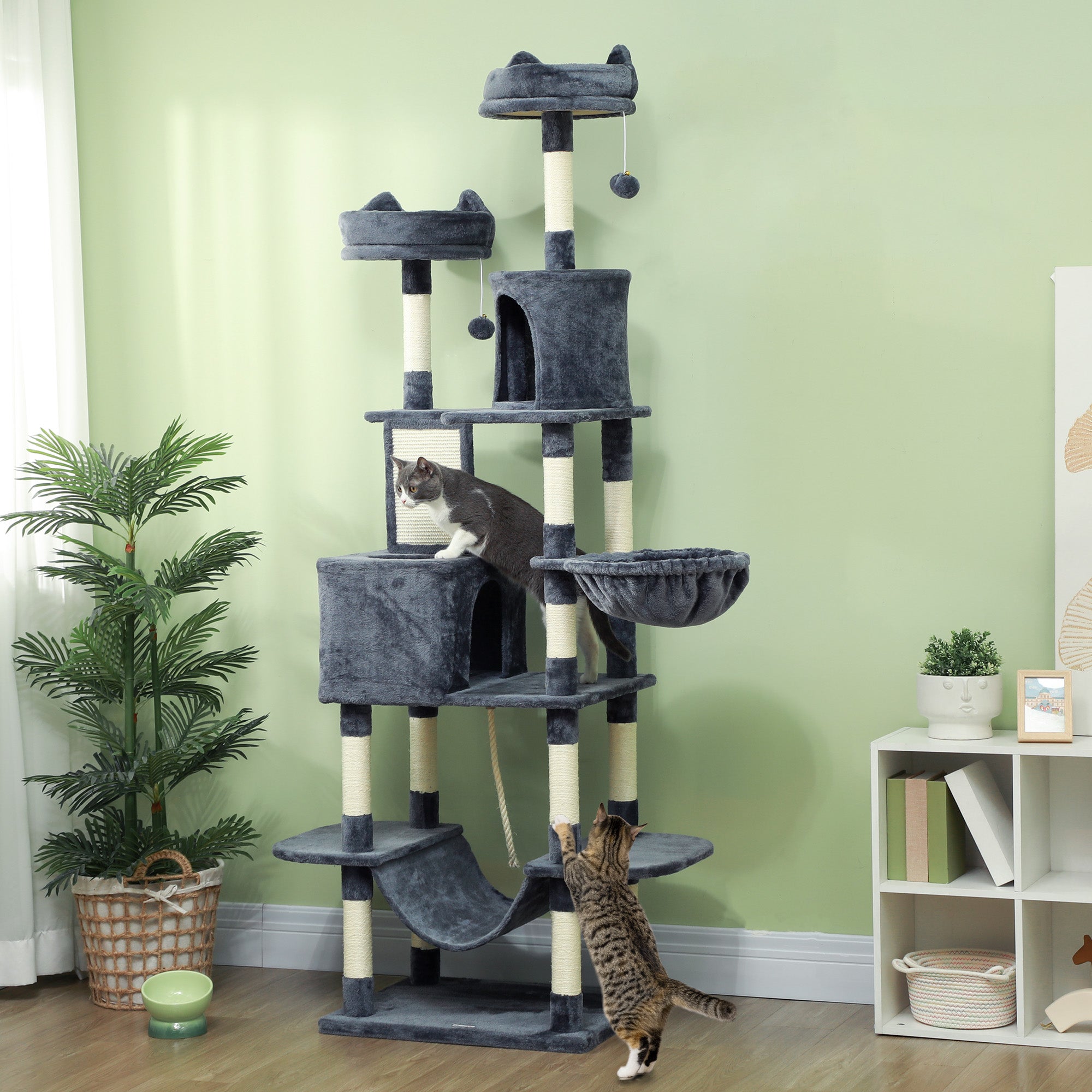 Arbre à chat de 206 cm avec poteaux à griffer, griffoir, niches, coussins, hamacs, balles et jouet en corde, gris