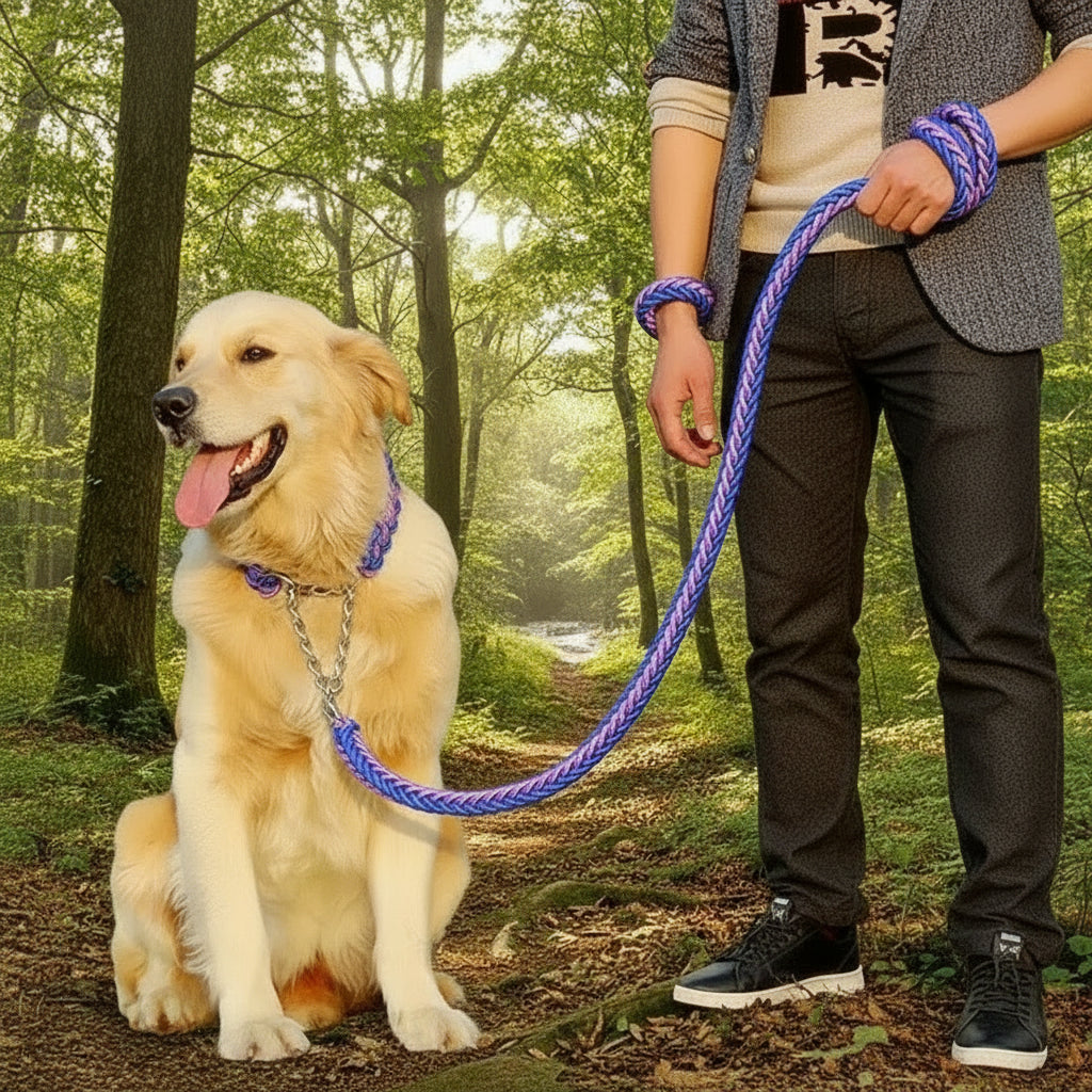 Laisse et collier bleu et mauve multicolore pour chien – design moderne et tendance, accessoire confortable
