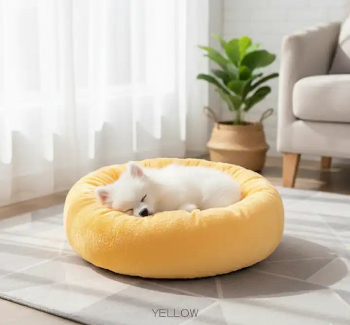 Panier rond pour chat ou chien – Le Nid d’Amour, canapé moelleux jaune, douillet et tendance pour animaux de compagnie